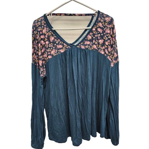 Maurices Womens Top Large Teal Floral Yoke Slub Knit Long Sleeve BOHO Festival - Picture 1 of 8